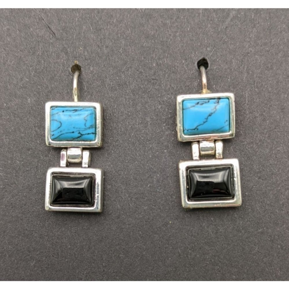 ROMAN Brand Black & Blue Modern Geometric Pierced Dangle Earrings Signed 1"